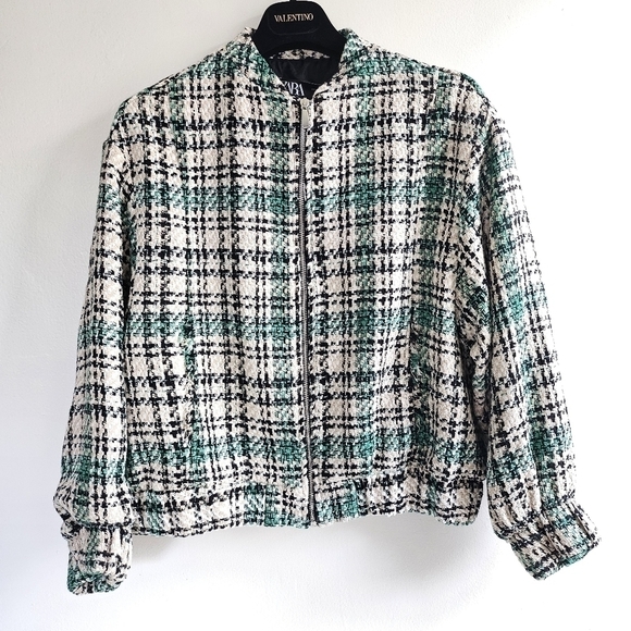 New Zara Plaid Textured Tweed Oversized Bomber Green Chanel Style Jacket NWT XS - Picture 12 of 17